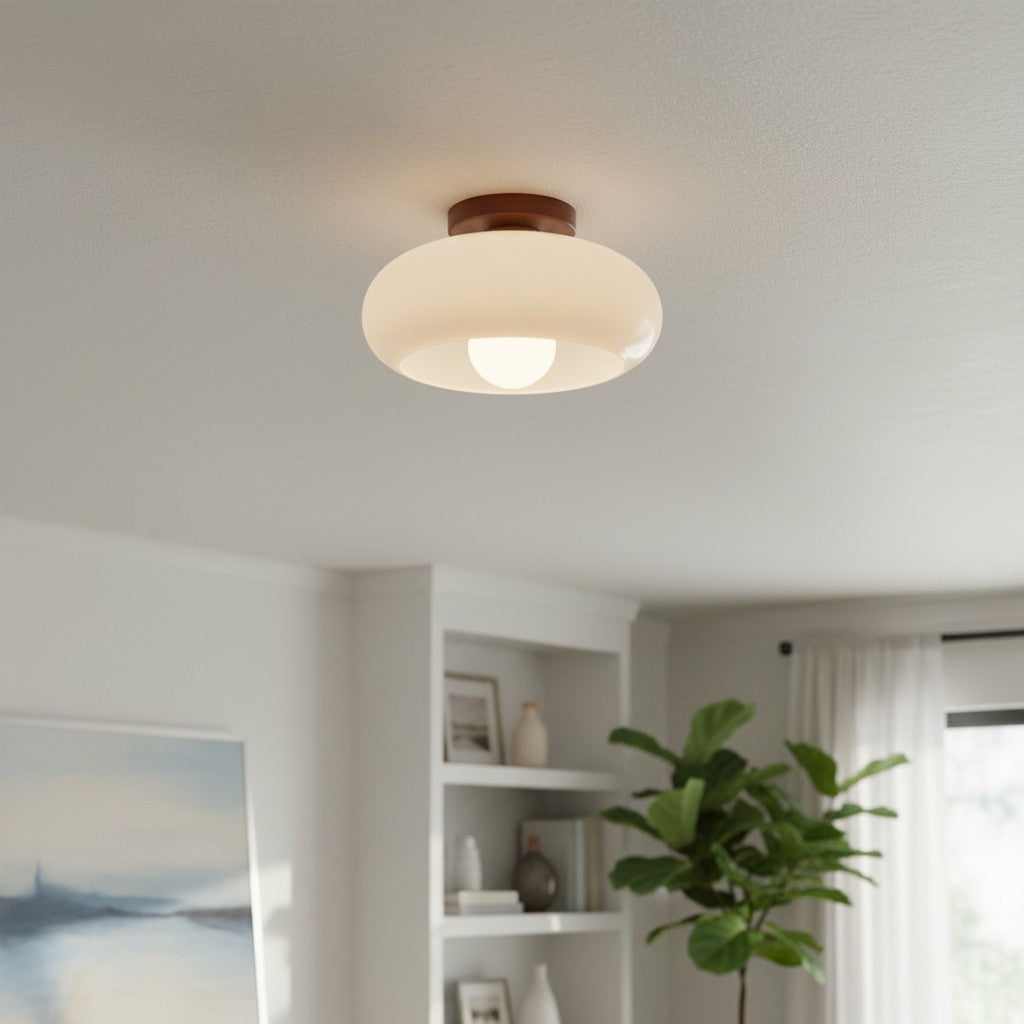 Violetta French Bauhaus Glass Ceiling Lamp | Walnut Wood Mid-Century Light