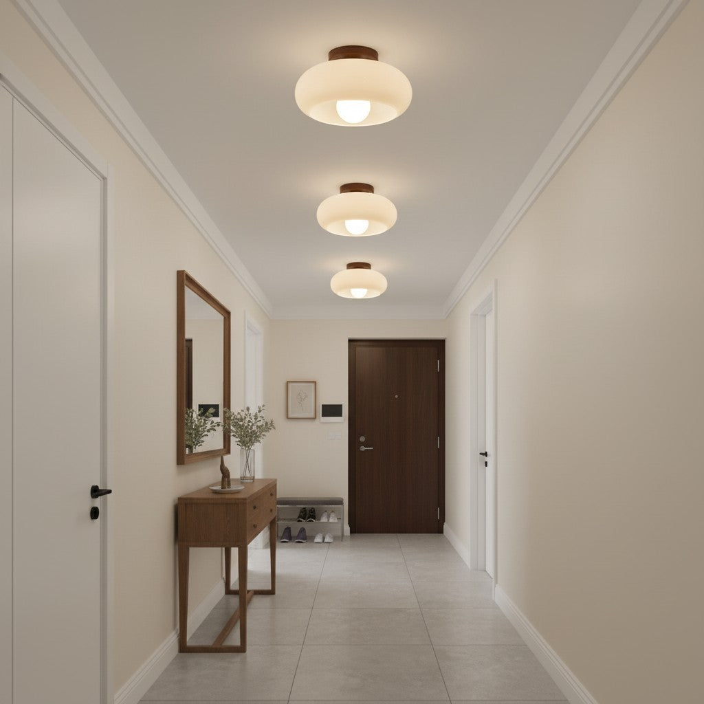 Violetta French Bauhaus Glass Ceiling Lamp | Walnut Wood Mid-Century Light