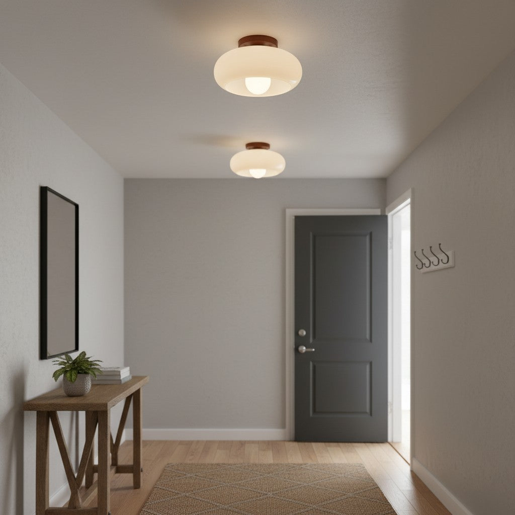 Violetta French Bauhaus Glass Ceiling Lamp | Walnut Wood Mid-Century Light