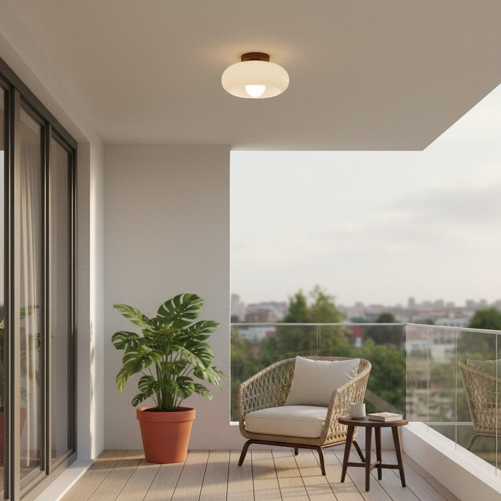 Violetta French Bauhaus Glass Ceiling Lamp | Walnut Wood Mid-Century Light