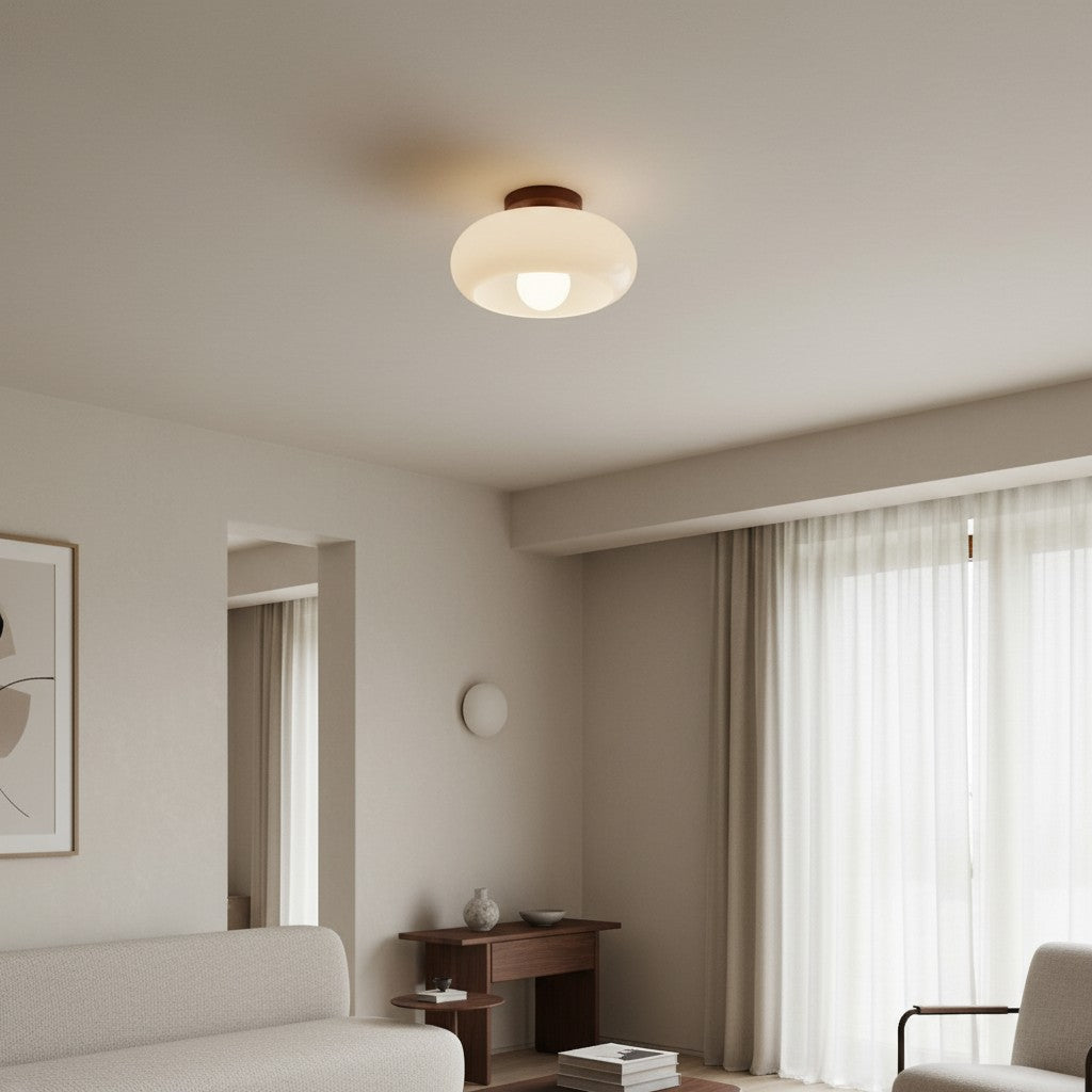 Violetta French Bauhaus Glass Ceiling Lamp | Walnut Wood Mid-Century Light
