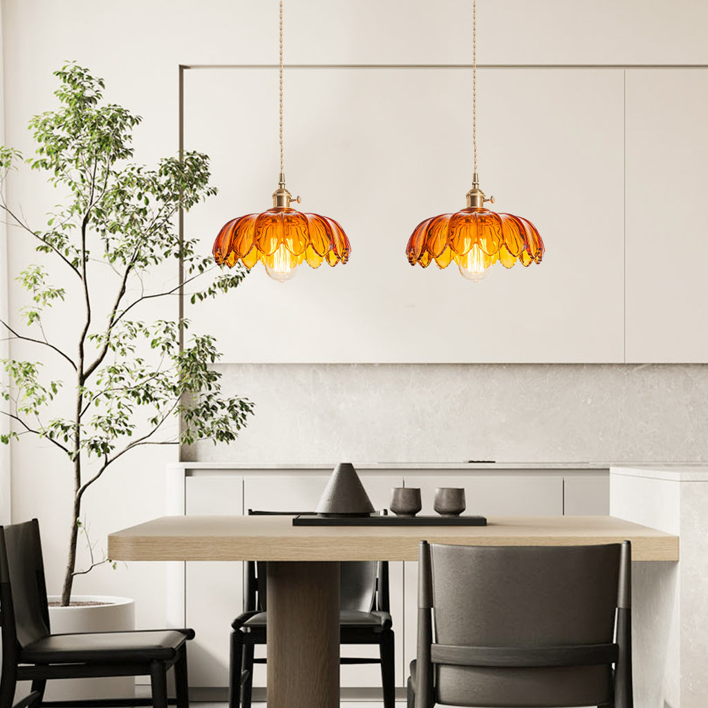 Fay Rustic Tulip Glass Pendant Light | Vintage Ribbed Glass Hanging Lamp