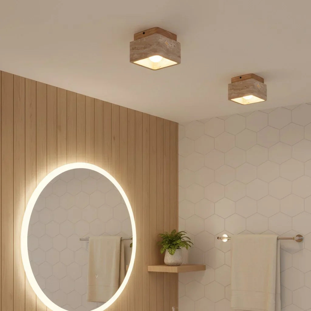 Anisa Modern Square Travertine Ceiling Light - Natural Stone Flush Mount