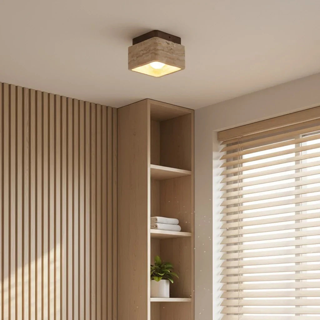 Anisa Modern Square Travertine Ceiling Light - Natural Stone Flush Mount