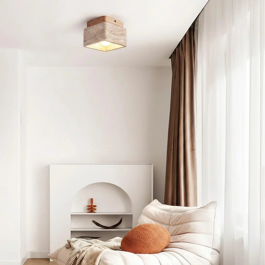 Anisa Modern Square Travertine Ceiling Light - Natural Stone Flush Mount