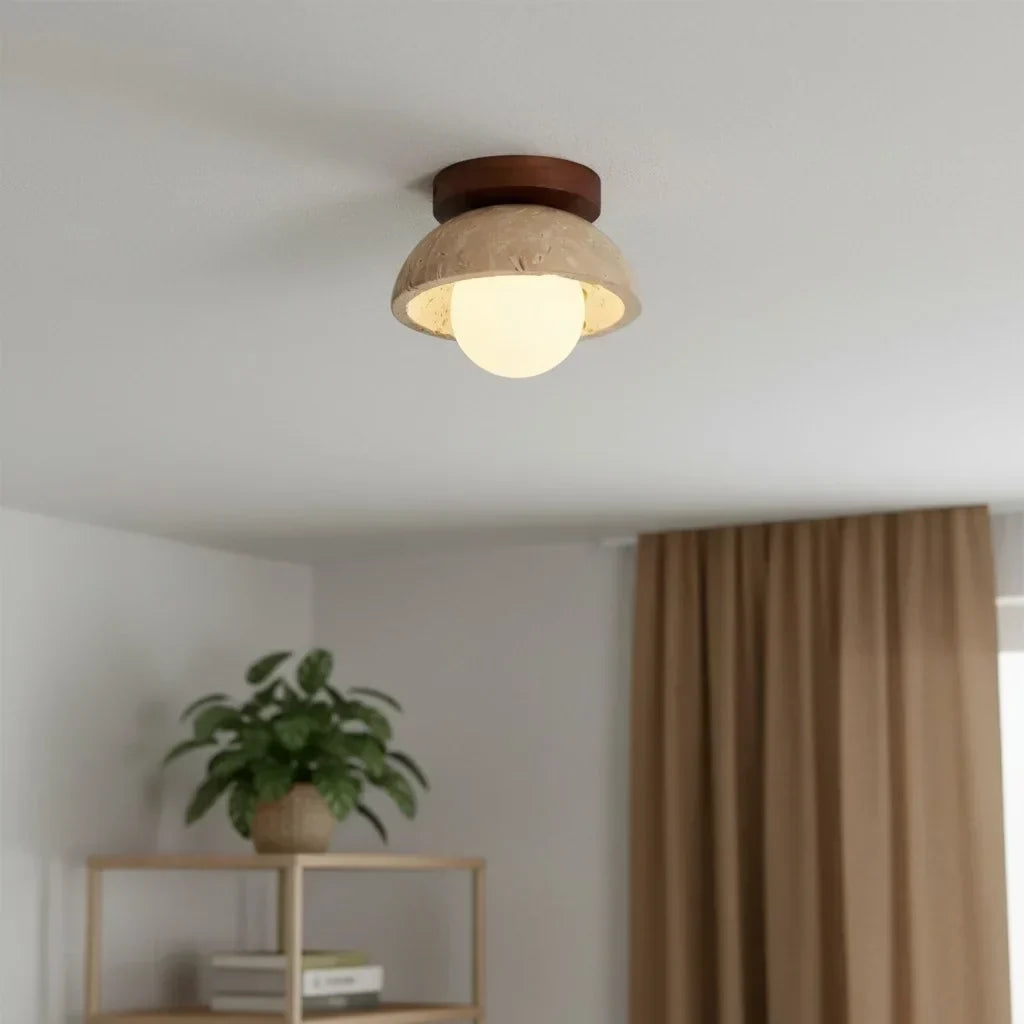 Bjorn Wabi-Sabi Travertine Ceiling Light - Natural Stone & Walnut Wood