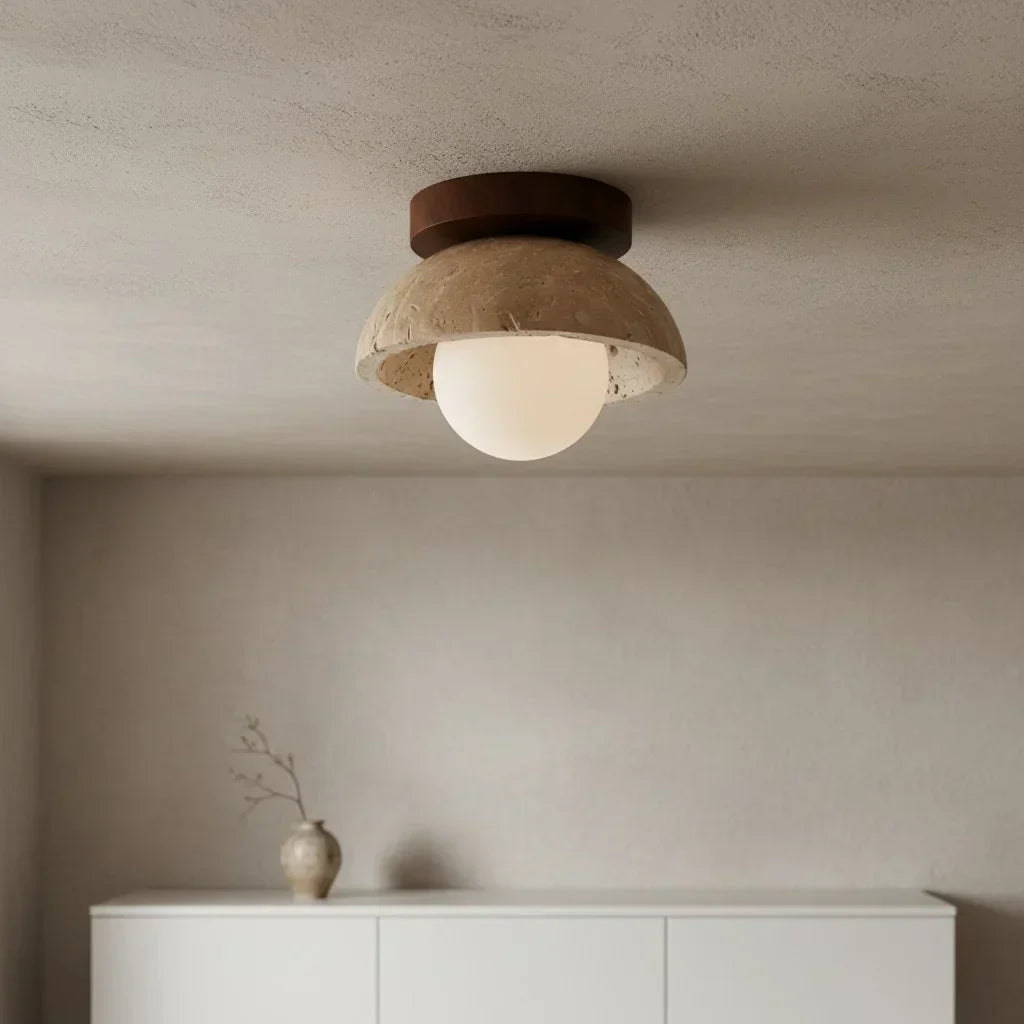 Bjorn Wabi-Sabi Travertine Ceiling Light - Natural Stone & Walnut Wood