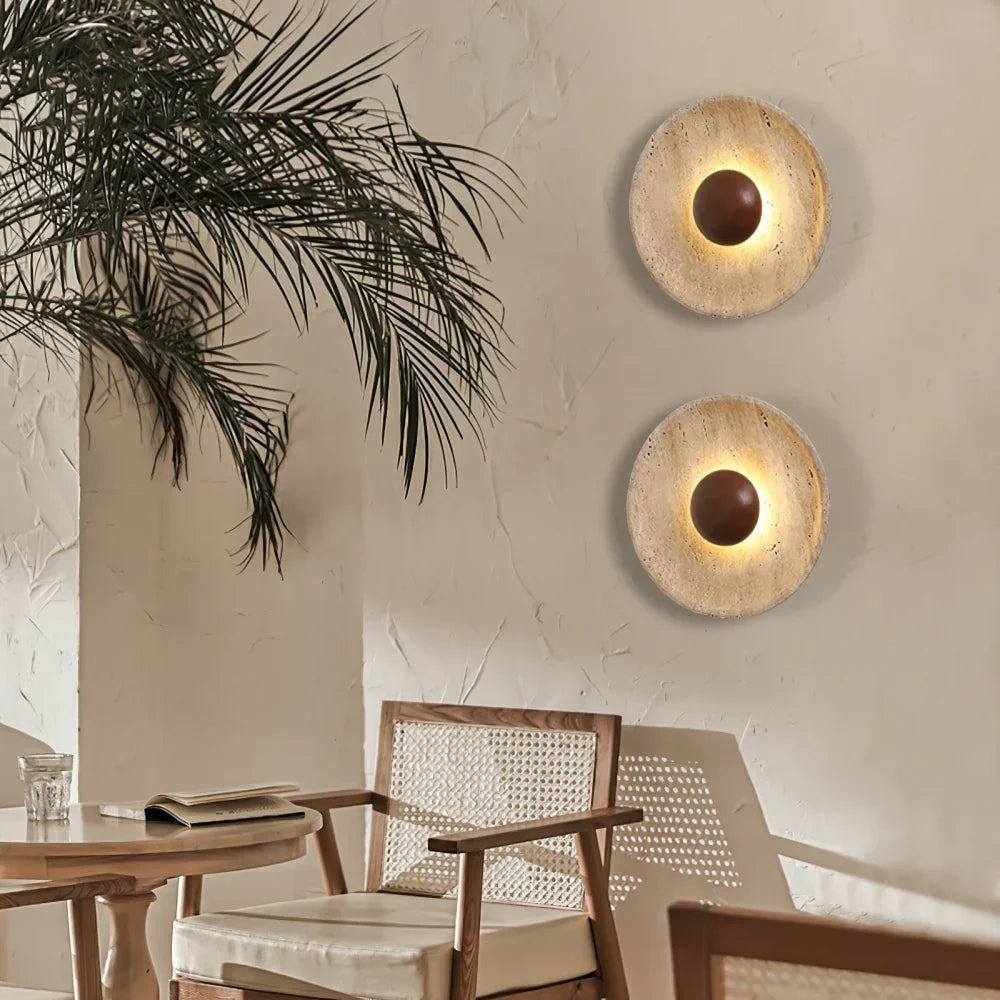 Caedralis Wabi-Sabi Travertine Round Wall Light | Natural Stone Sconce