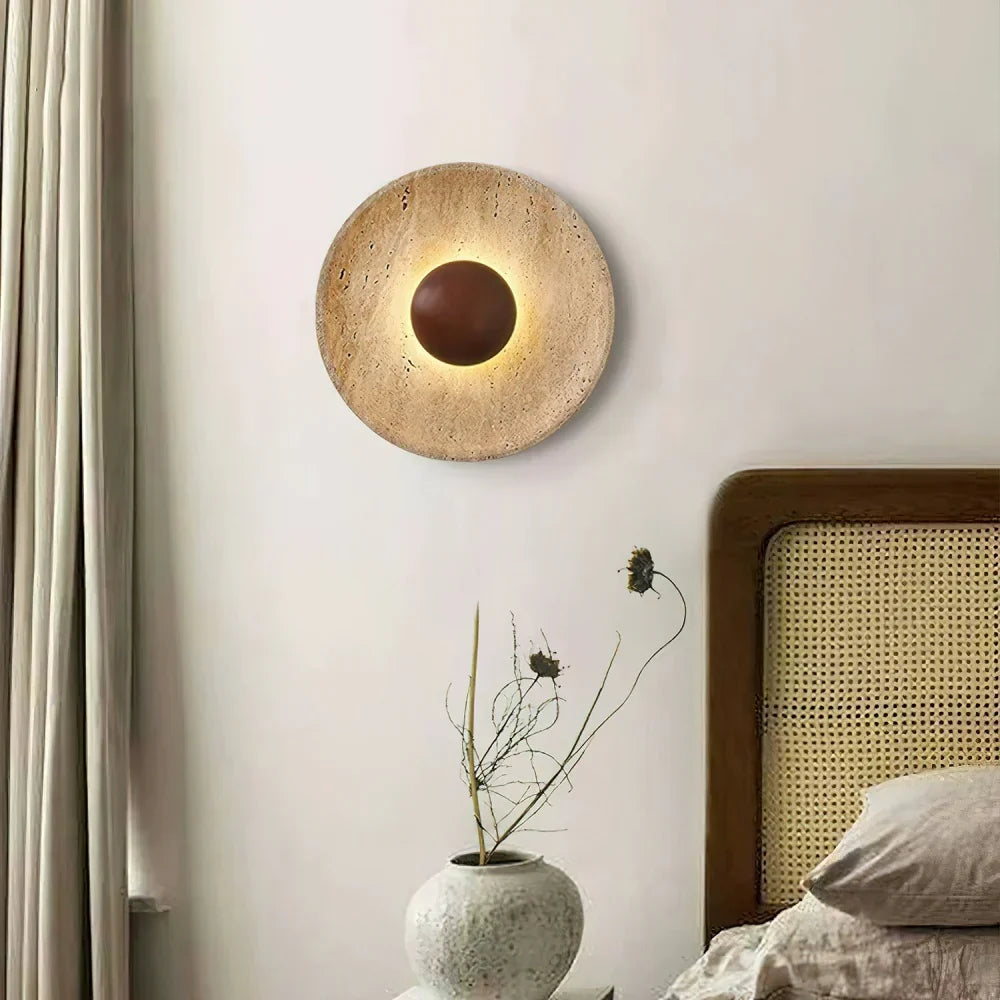 Caedralis Wabi-Sabi Travertine Round Wall Light | Natural Stone Sconce
