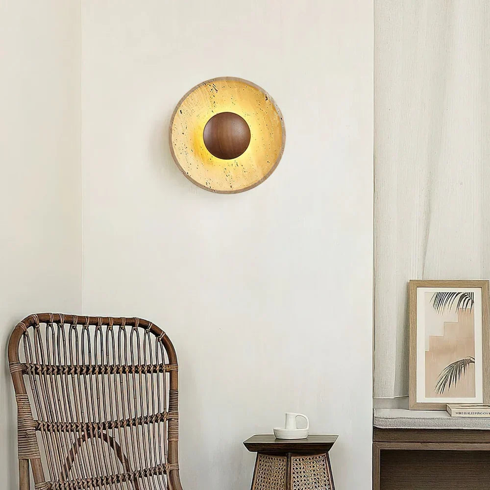 Caedralis Wabi-Sabi Travertine Round Wall Light | Natural Stone Sconce