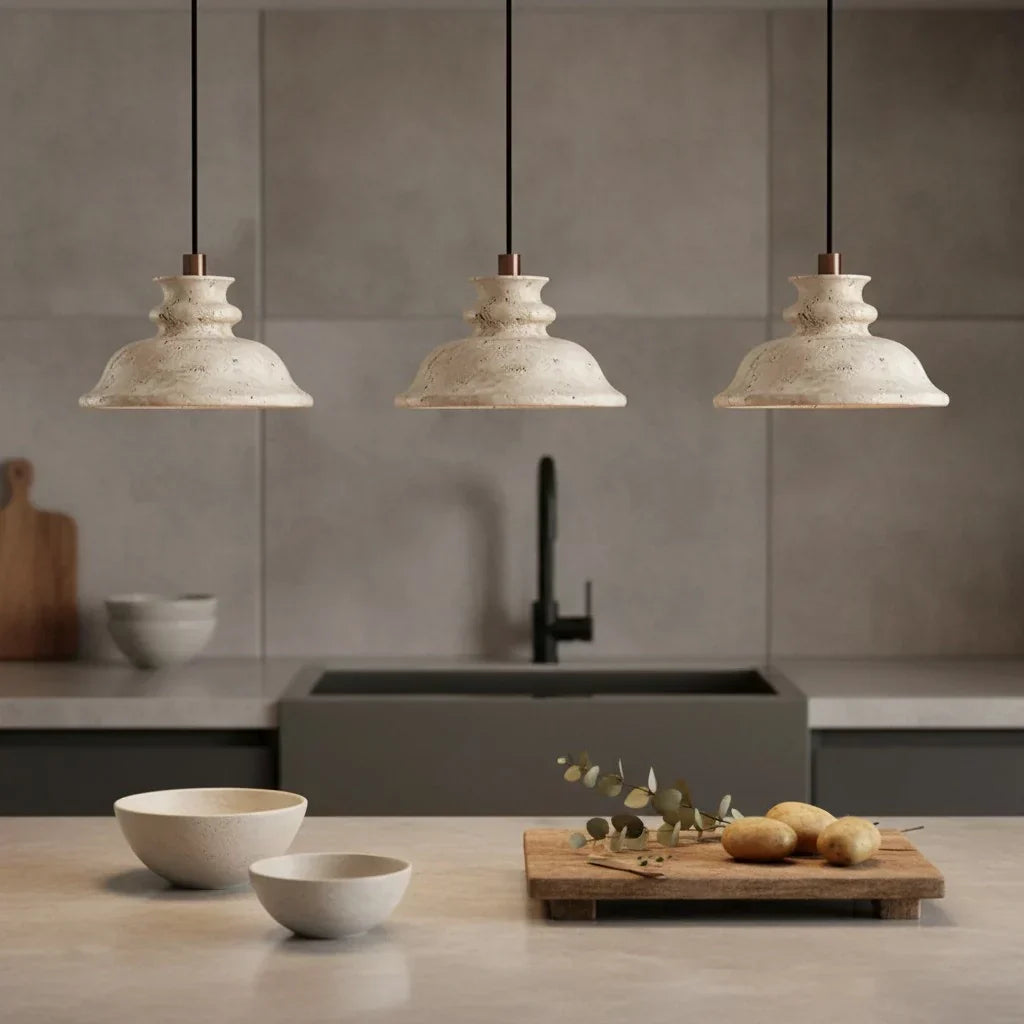 Maja Wabi-Sabi Travertine Bell Pendant Light | Natural Stone Hanging Lamp