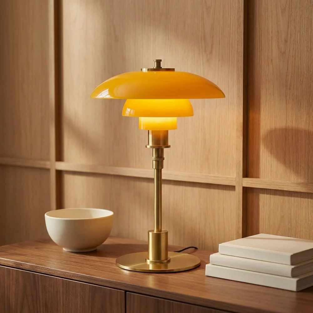 Mid-Century Modern Tiered Glass Mushroom Table Lamp | Amber & Brass Bedside Desk Light
