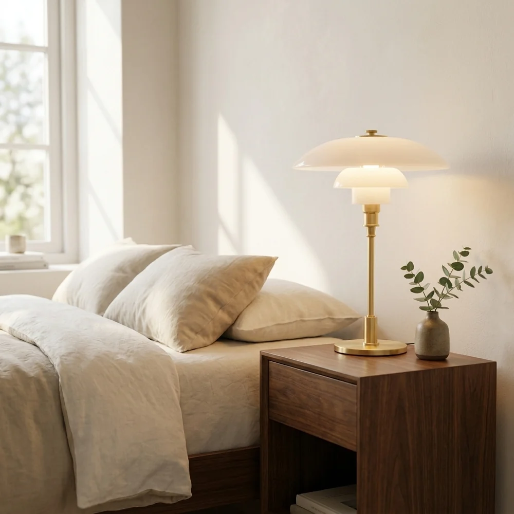 Mid-Century Modern Tiered Glass Mushroom Table Lamp | Amber & Brass Bedside Desk Light
