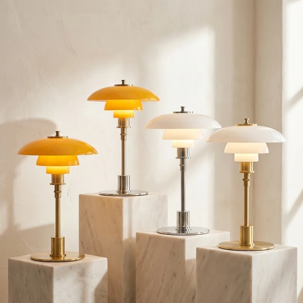 Mid-Century Modern Tiered Glass Mushroom Table Lamp | Amber & Brass Bedside Desk Light