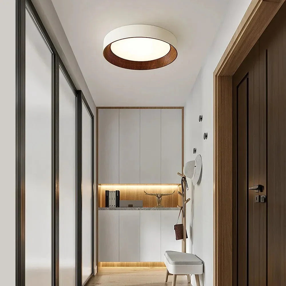 Ronan Minimalist Round LED Flush Mount Ceiling Light | Modern Wood Finish
