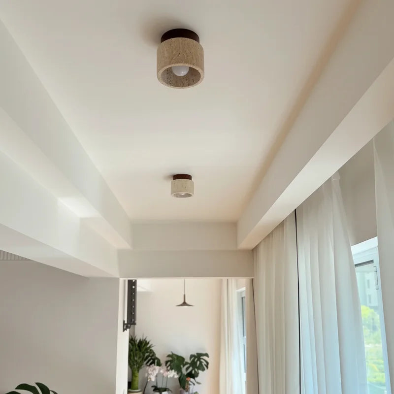 Yetvee Wabi-Sabi Travertine & Wood Ceiling Lamp | Minimalist Lighting