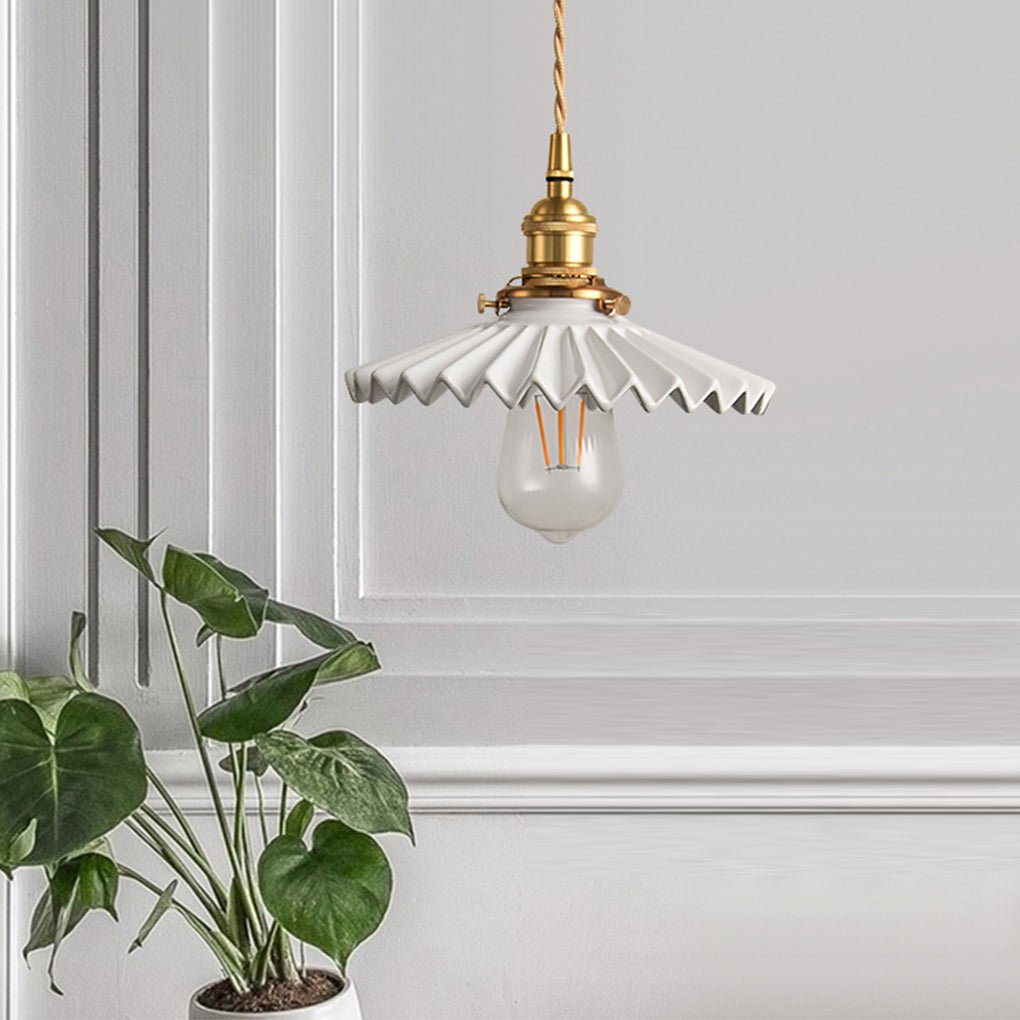 Nordic Vintage Ceramic Pleated Design Brass Led Pendent Lighting For Bedside Dining Table