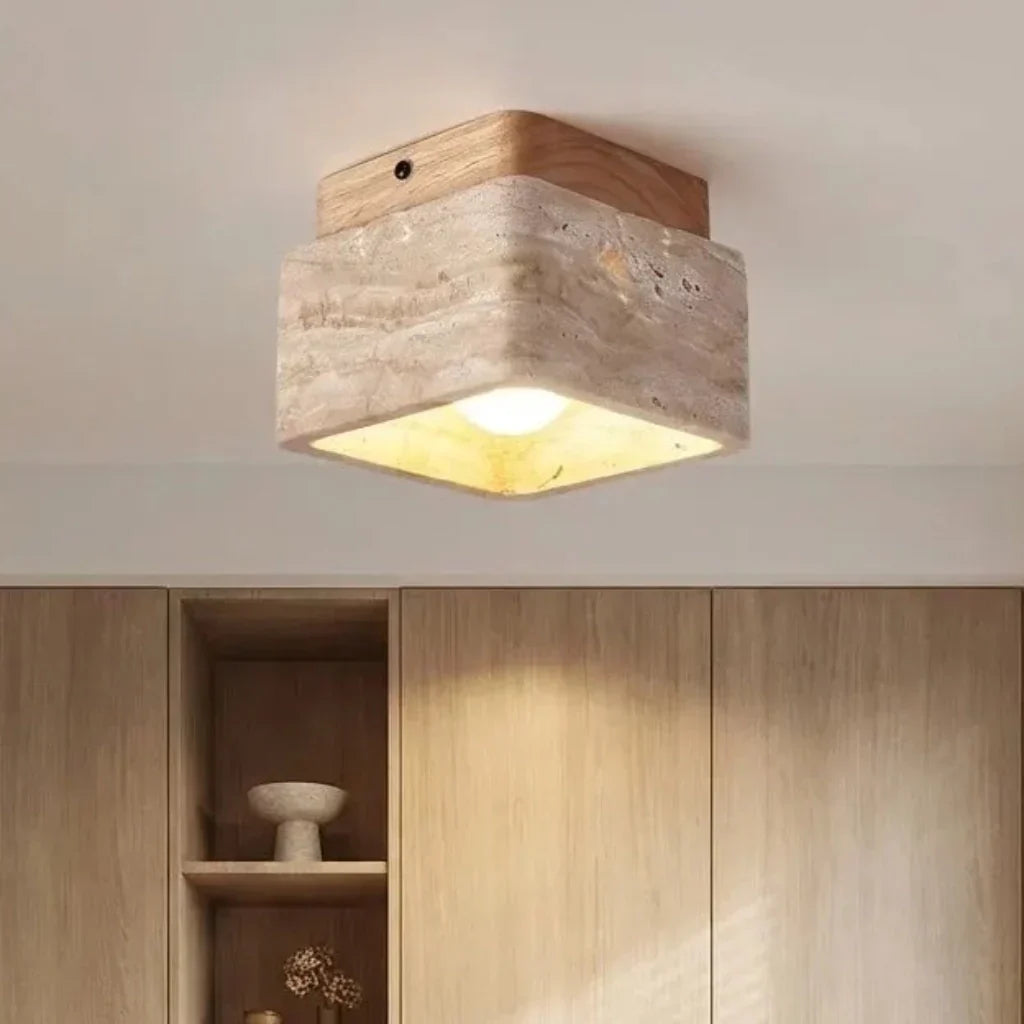 Anisa Modern Square Travertine Ceiling Light - Natural Stone Flush Mount