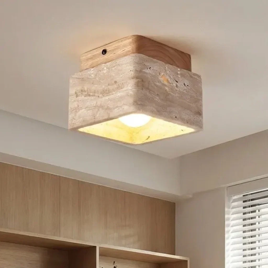 Anisa Modern Square Travertine Ceiling Light - Natural Stone Flush Mount