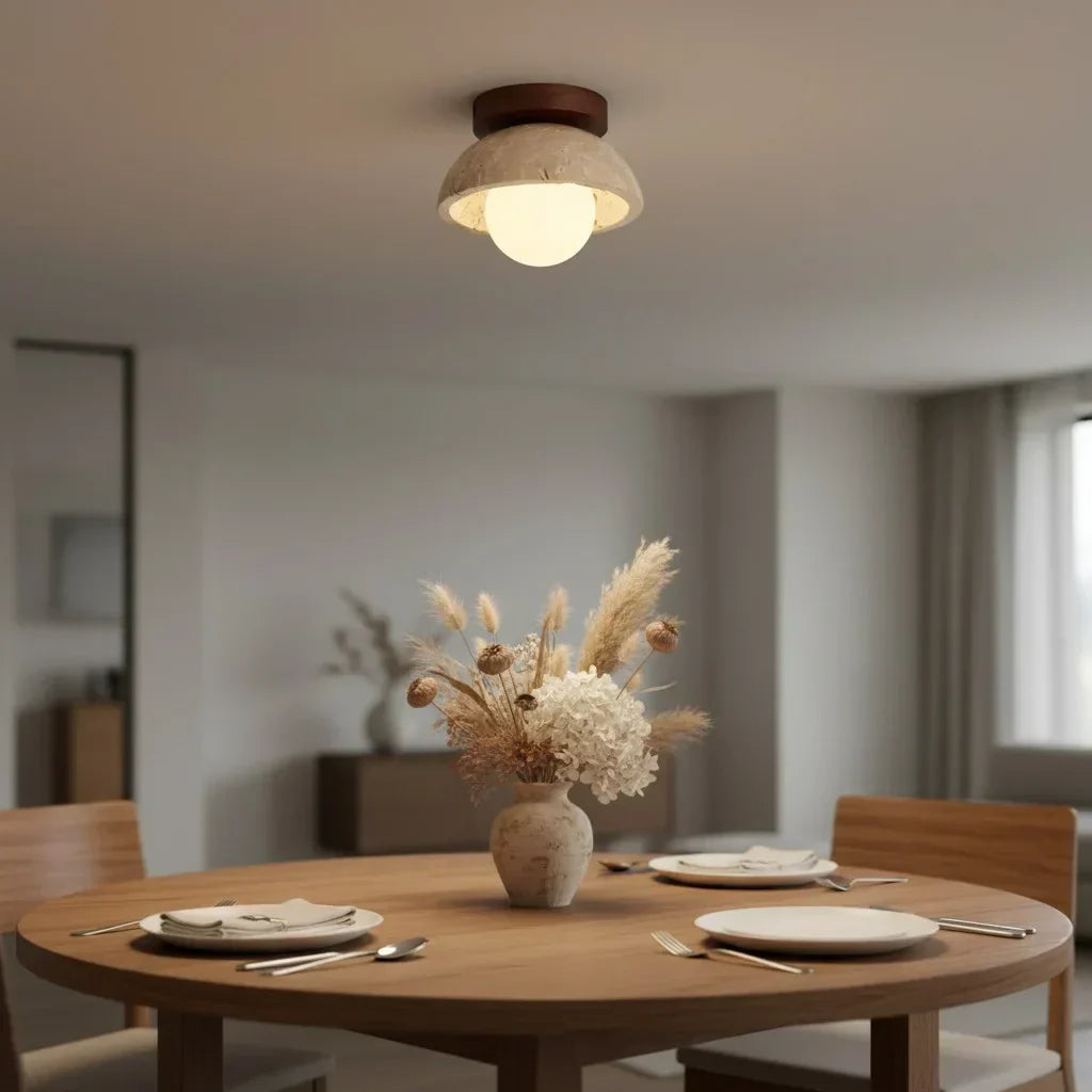 Bjorn Wabi-Sabi Travertine Ceiling Light - Natural Stone & Walnut Wood