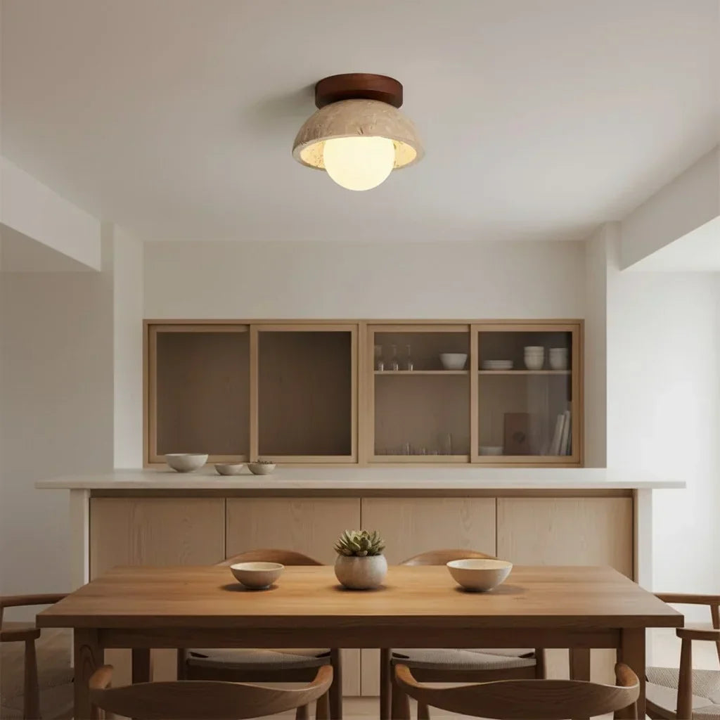 Bjorn Wabi-Sabi Travertine Ceiling Light - Natural Stone & Walnut Wood