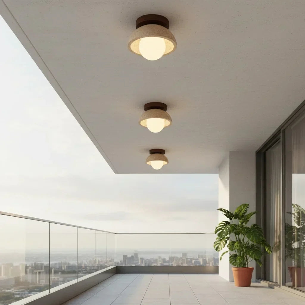 Bjorn Wabi-Sabi Travertine Ceiling Light - Natural Stone & Walnut Wood