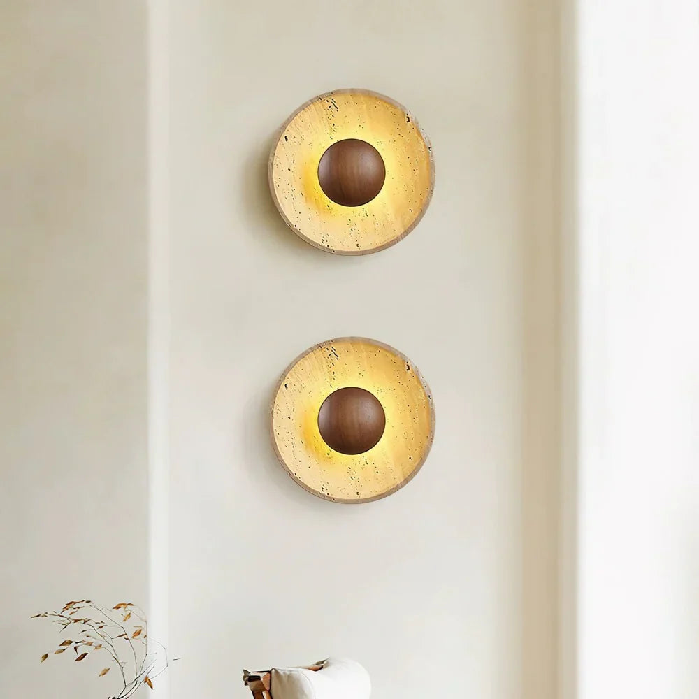 Caedralis Wabi-Sabi Travertine Round Wall Light | Natural Stone Sconce
