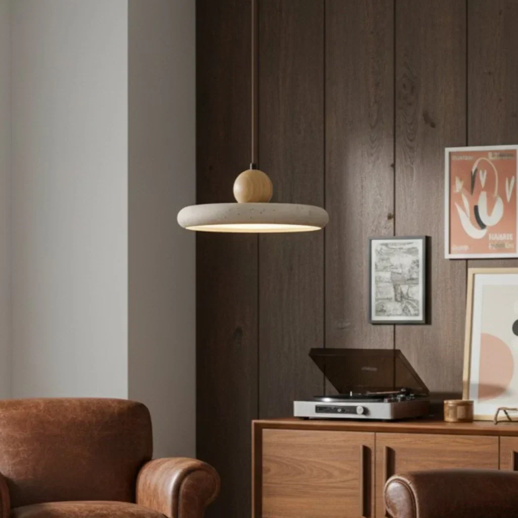 Katriina Vintage Travertine & Wood Circle Pendant Light - Minimalist Decor