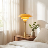 Mid-Century Modern Tiered Glass Mushroom Table Lamp | Amber & Brass Bedside Desk Light
