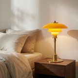 Mid-Century Modern Tiered Glass Mushroom Table Lamp | Amber & Brass Bedside Desk Light