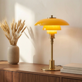 Mid-Century Modern Tiered Glass Mushroom Table Lamp | Amber & Brass Bedside Desk Light