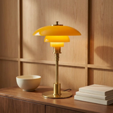 Mid-Century Modern Tiered Glass Mushroom Table Lamp | Amber & Brass Bedside Desk Light