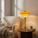 Mid-Century Modern Tiered Glass Mushroom Table Lamp | Amber & Brass Bedside Desk Light