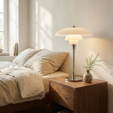 Mid-Century Modern Tiered Glass Mushroom Table Lamp | Amber & Brass Bedside Desk Light