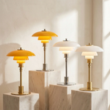 Mid-Century Modern Tiered Glass Mushroom Table Lamp | Amber & Brass Bedside Desk Light