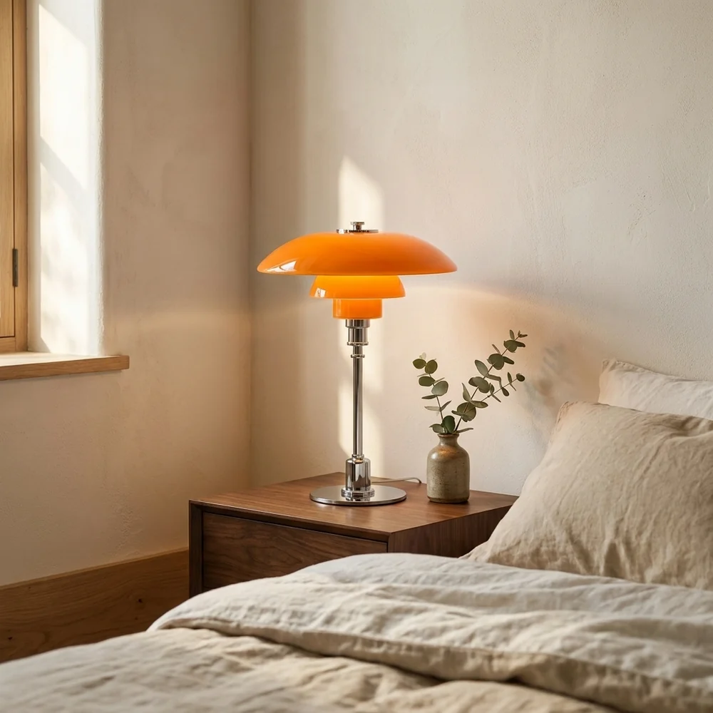 Mid-Century Modern Tiered Glass Mushroom Table Lamp | Amber & Brass Bedside Desk Light