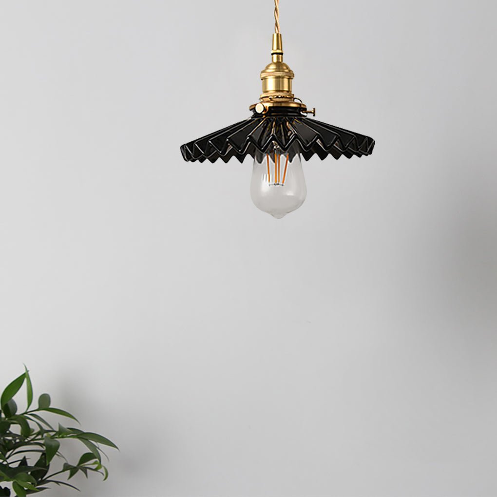 Nordic Vintage Ceramic Pleated Design Brass Led Pendent Lighting For Bedside Dining Table