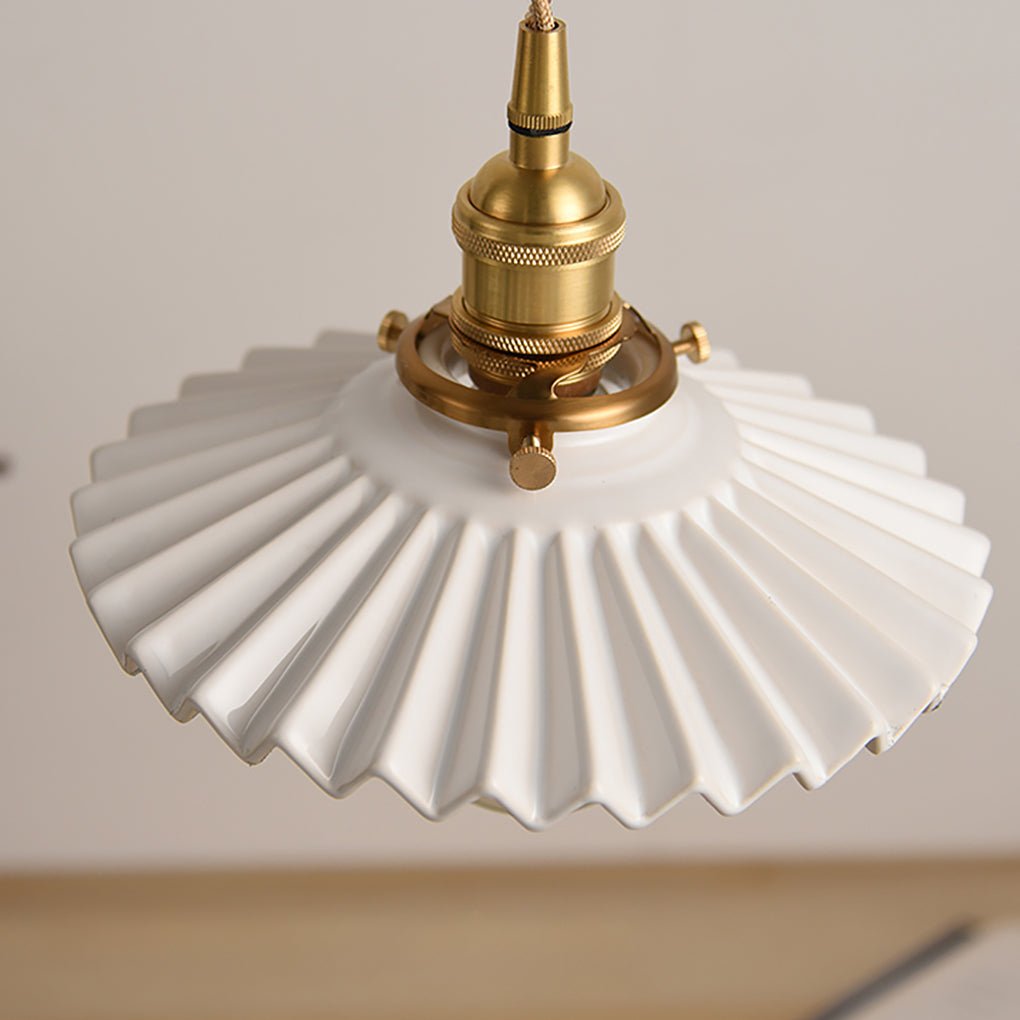 Nordic Vintage Ceramic Pleated Design Brass Led Pendent Lighting For Bedside Dining Table