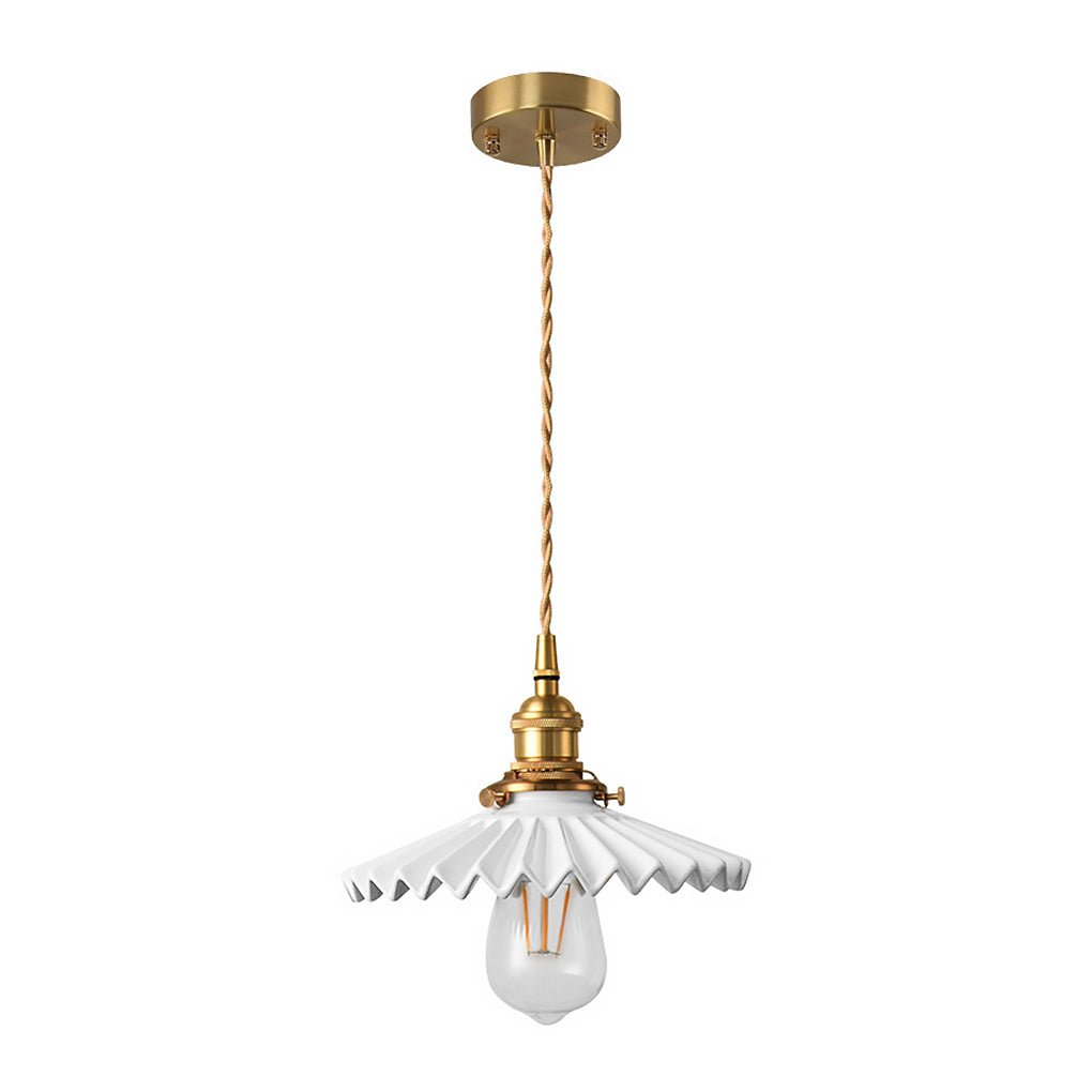 Nordic Vintage Ceramic Pleated Design Brass Led Pendent Lighting For Bedside Dining Table