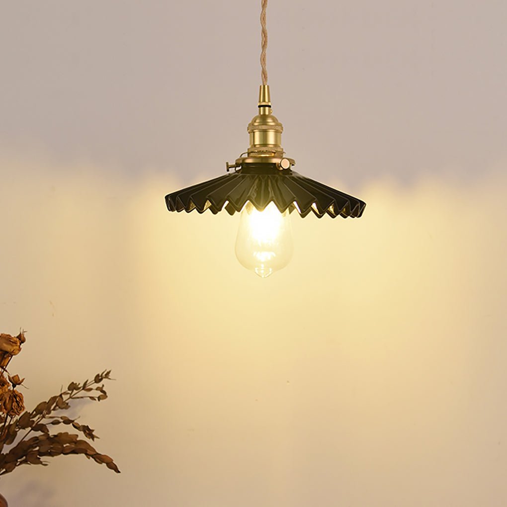 Nordic Vintage Ceramic Pleated Design Brass Led Pendent Lighting For Bedside Dining Table