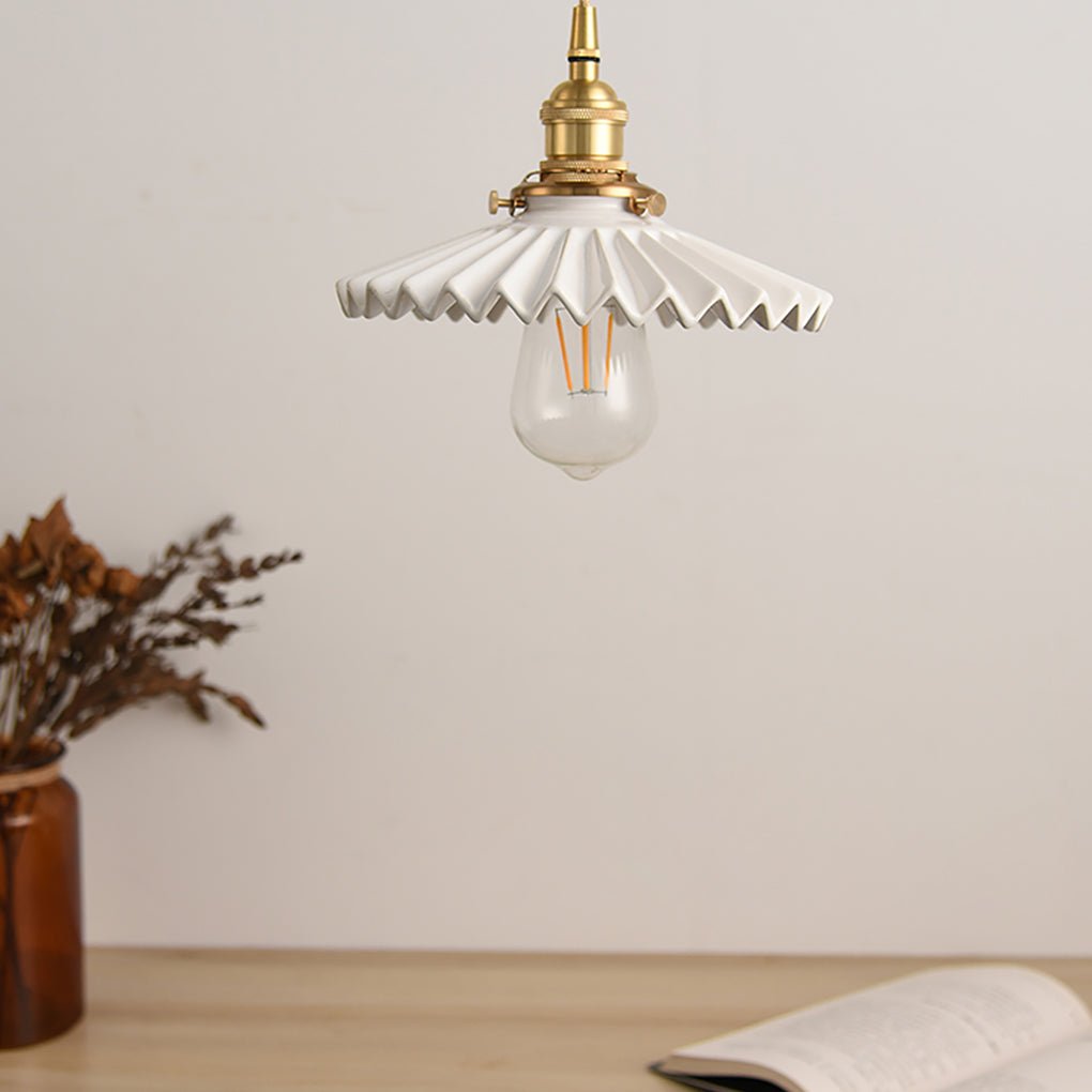 Nordic Vintage Ceramic Pleated Design Brass Led Pendent Lighting For Bedside Dining Table