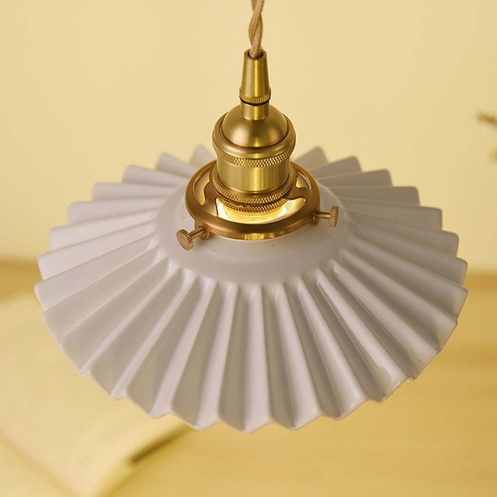 Nordic Vintage Ceramic Pleated Design Brass Led Pendent Lighting For Bedside Dining Table